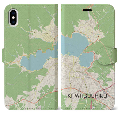 【河口湖（山梨県）】地図柄iPhoneケース（手帳タイプ）ナチュラル・iPhone XS Max 用