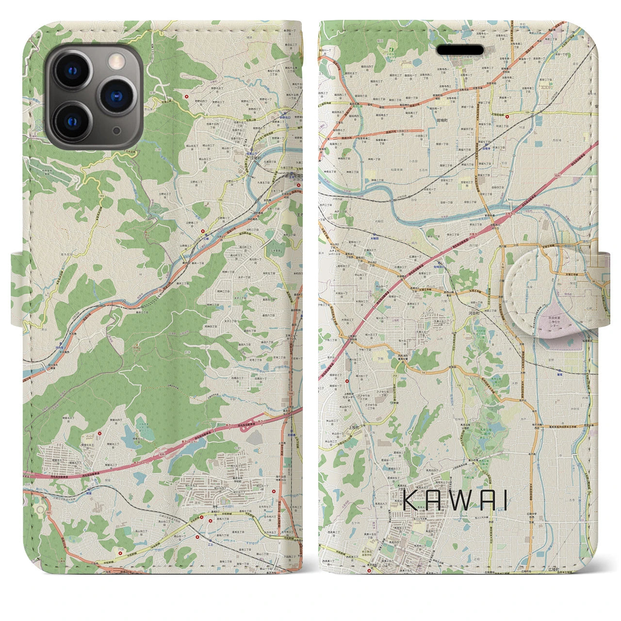 【河合】地図柄iPhoneケース（手帳両面タイプ・ナチュラル）iPhone 11 Pro Max 用