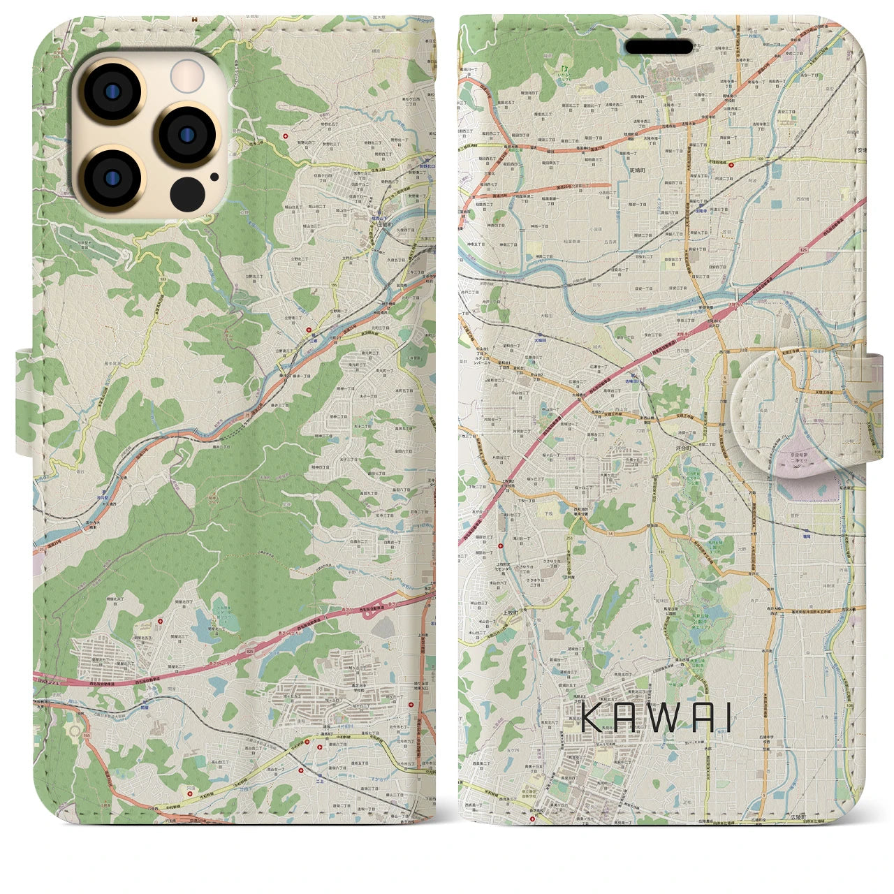 【河合】地図柄iPhoneケース（手帳両面タイプ・ナチュラル）iPhone 12 Pro Max 用