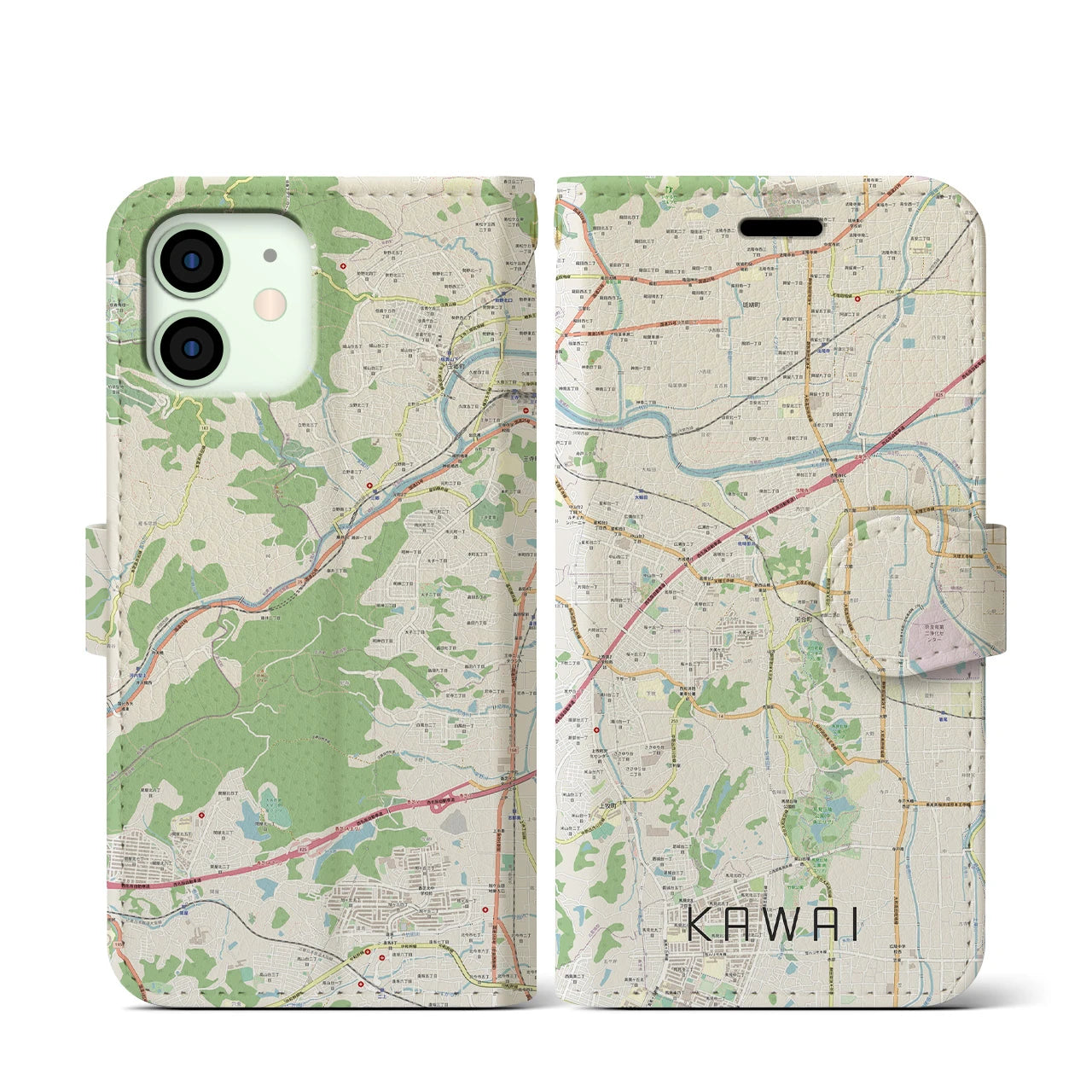 【河合】地図柄iPhoneケース（手帳両面タイプ・ナチュラル）iPhone 12 mini 用