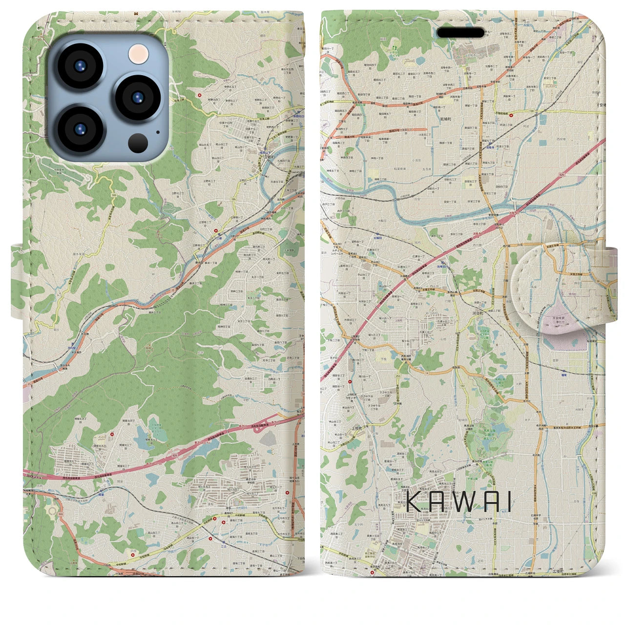 【河合】地図柄iPhoneケース（手帳両面タイプ・ナチュラル）iPhone 13 Pro Max 用