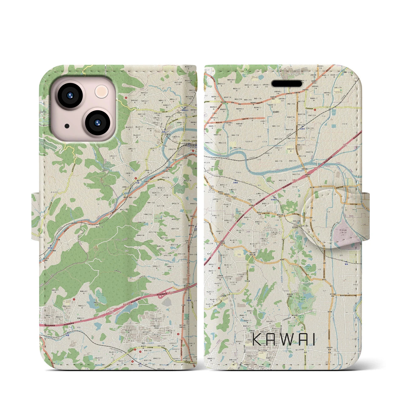 【河合】地図柄iPhoneケース（手帳両面タイプ・ナチュラル）iPhone 13 mini 用