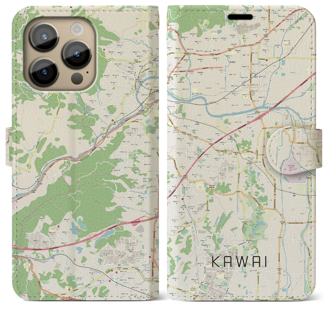 【河合】地図柄iPhoneケース（手帳両面タイプ・ナチュラル）iPhone 14 Pro Max 用
