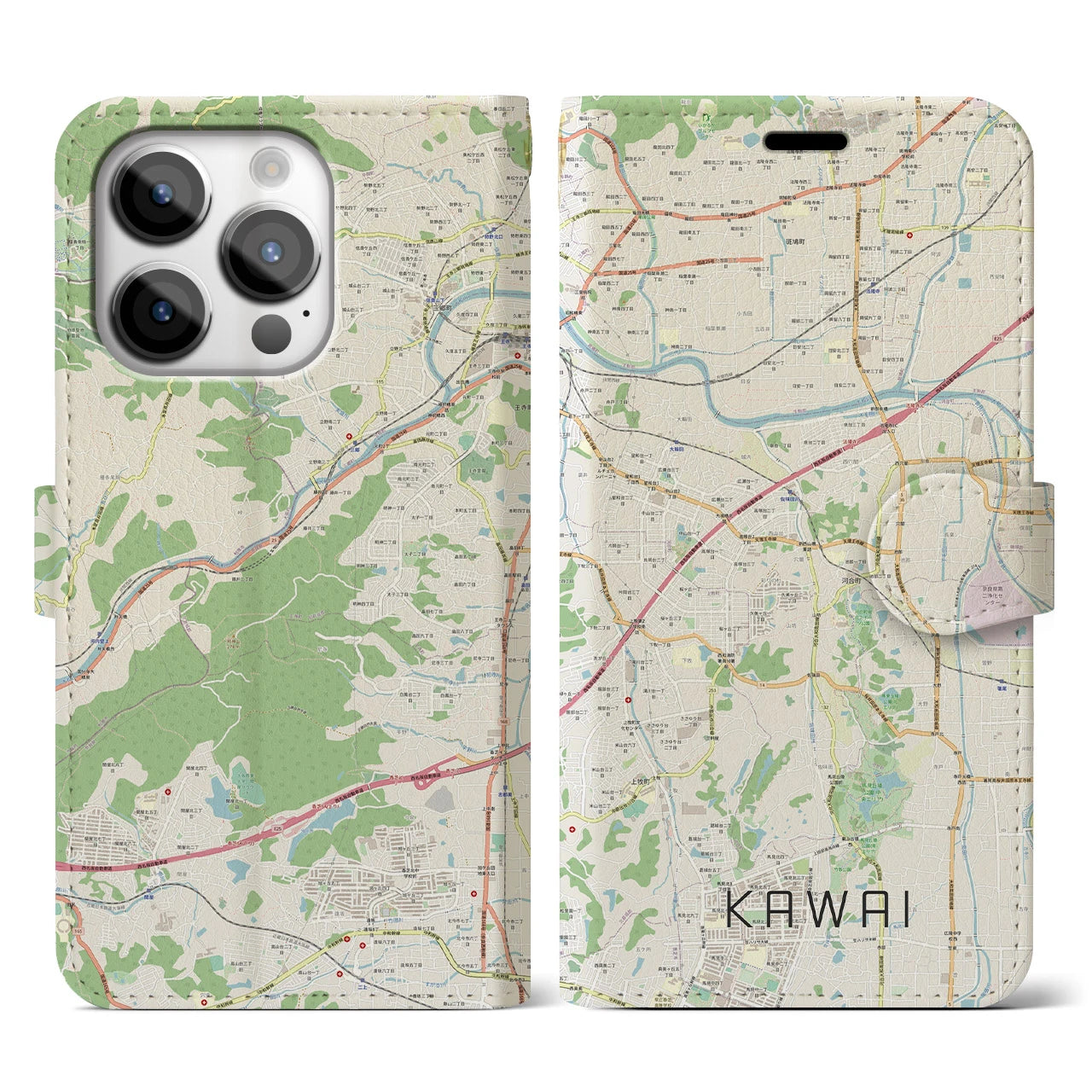 【河合】地図柄iPhoneケース（手帳両面タイプ・ナチュラル）iPhone 14 Pro 用