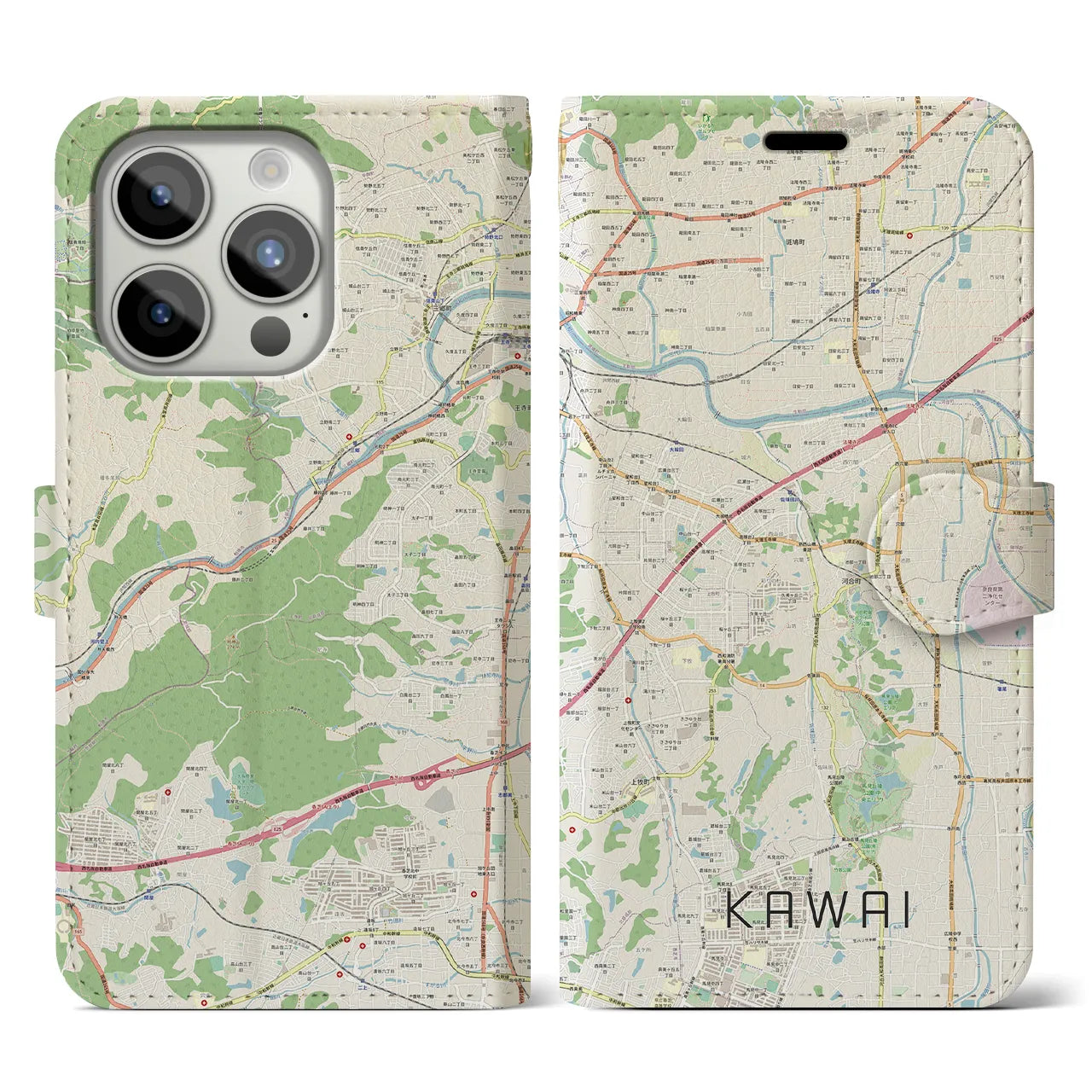 【河合】地図柄iPhoneケース（手帳両面タイプ・ナチュラル）iPhone 15 Pro 用