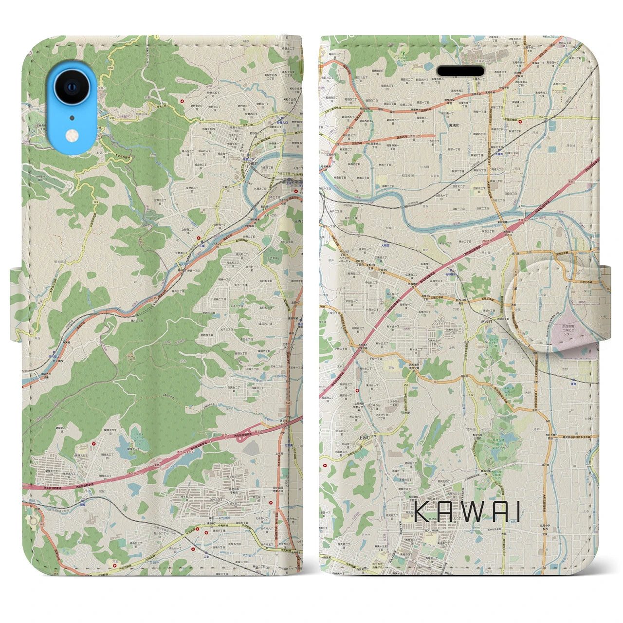 【河合】地図柄iPhoneケース（手帳両面タイプ・ナチュラル）iPhone XR 用