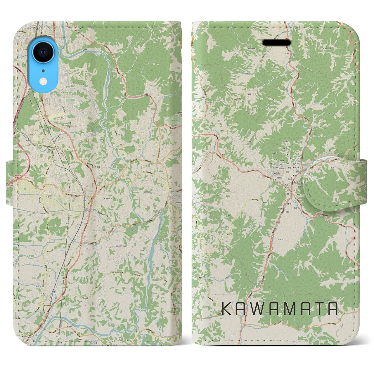 【川俣】地図柄iPhoneケース（手帳両面タイプ・ナチュラル）iPhone XR 用