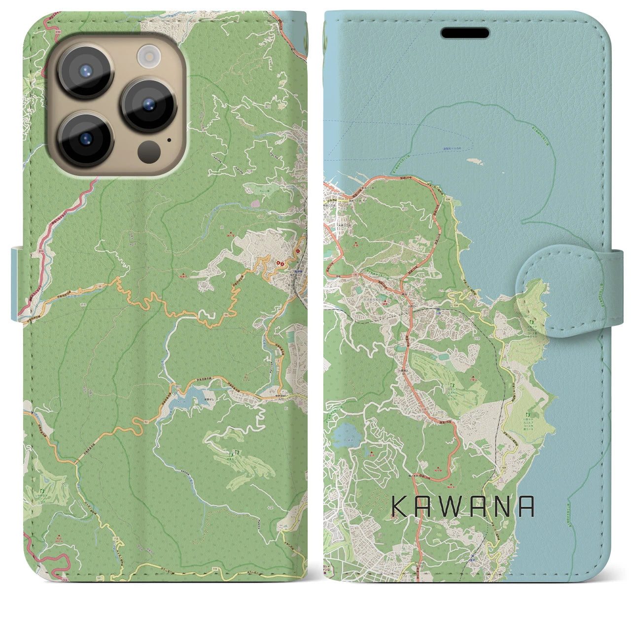 【川奈】地図柄iPhoneケース（手帳両面タイプ・ナチュラル）iPhone 14 Pro Max 用
