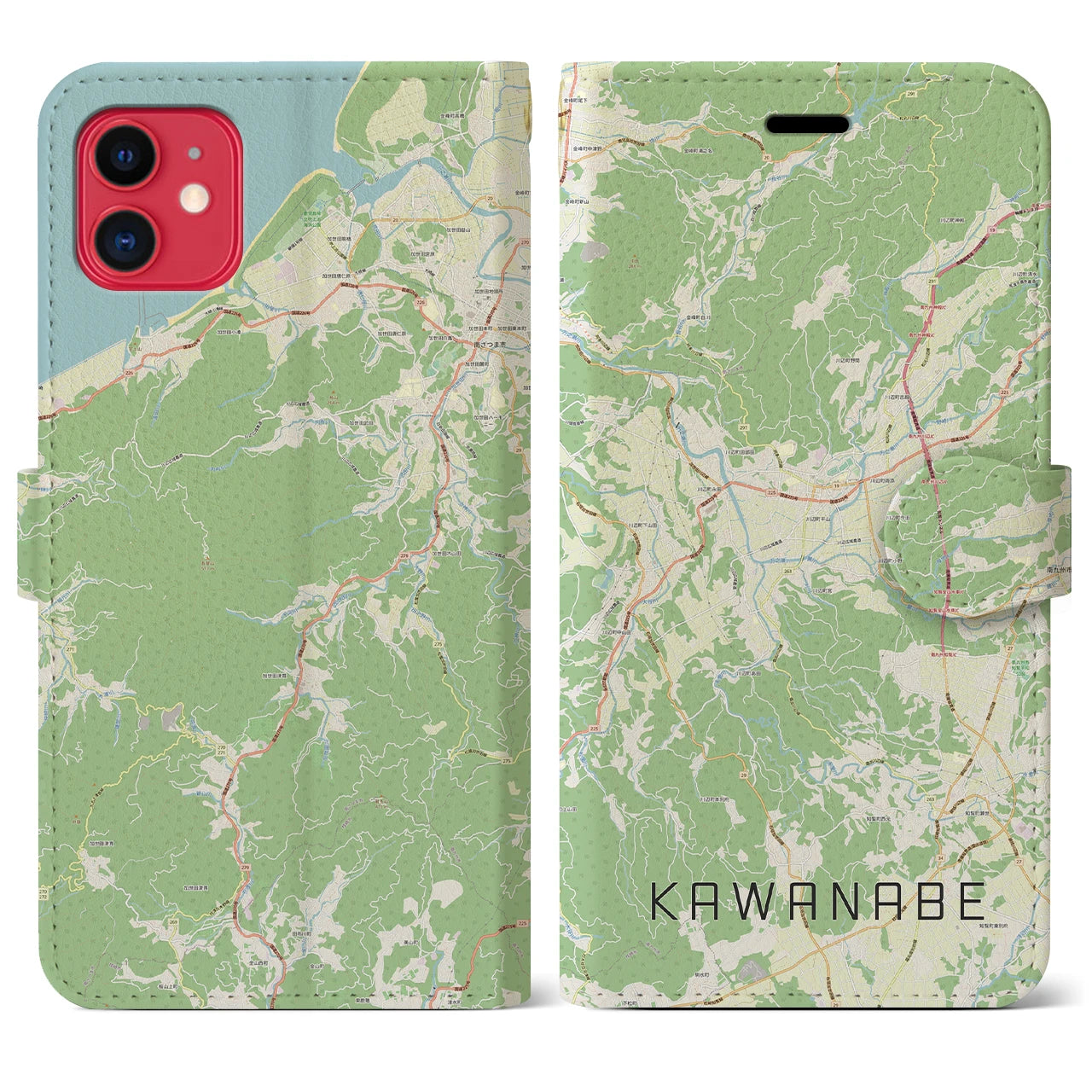 【川辺】地図柄iPhoneケース（手帳両面タイプ・ナチュラル）iPhone 11 用