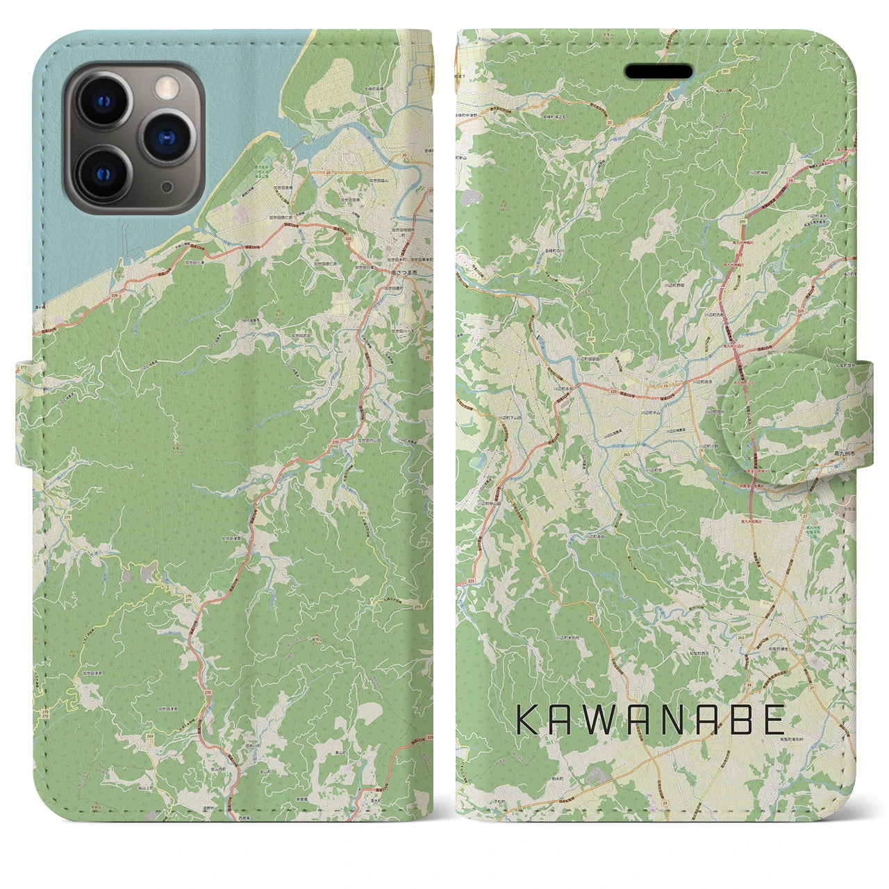 【川辺】地図柄iPhoneケース（手帳両面タイプ・ナチュラル）iPhone 11 Pro Max 用