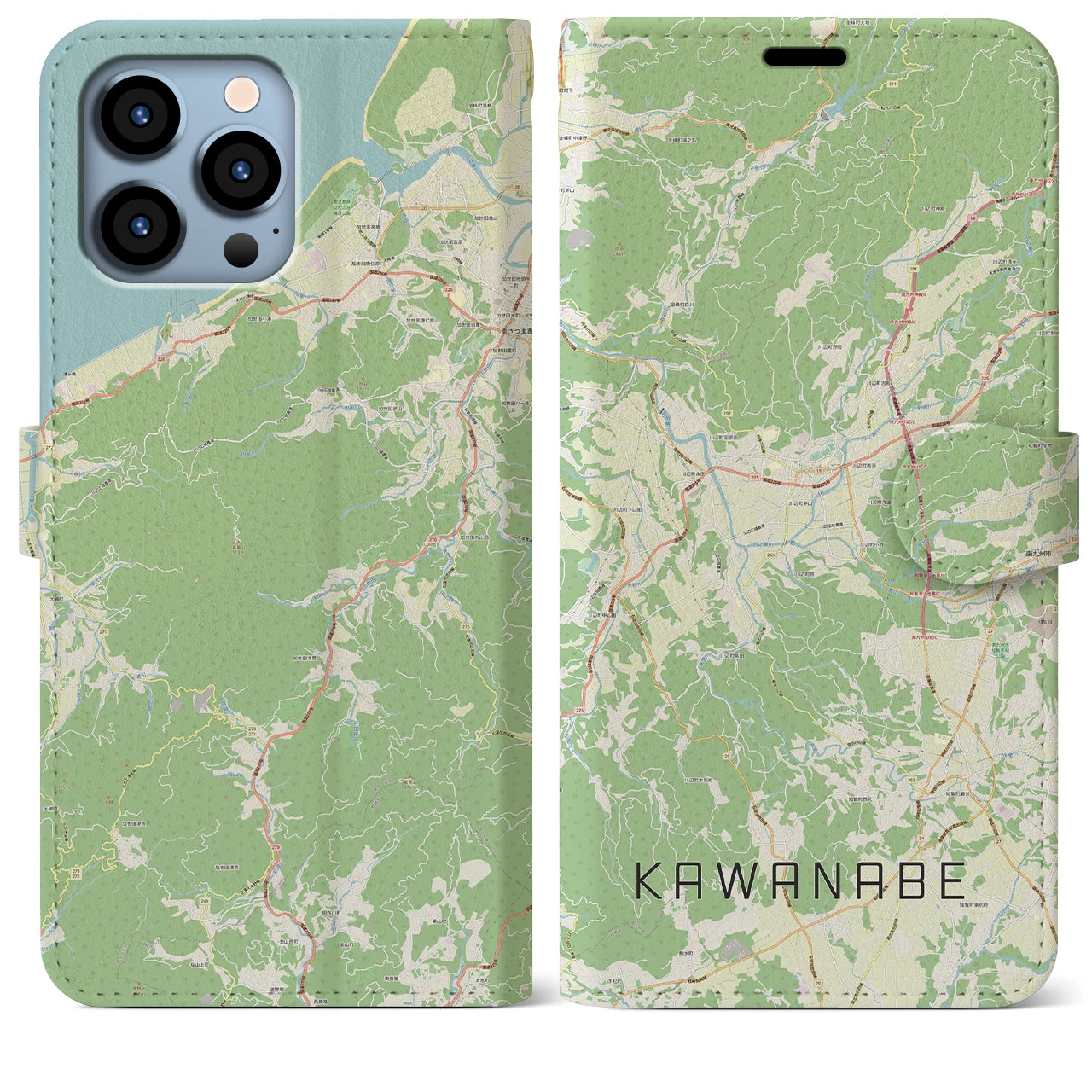 【川辺】地図柄iPhoneケース（手帳両面タイプ・ナチュラル）iPhone 13 Pro Max 用