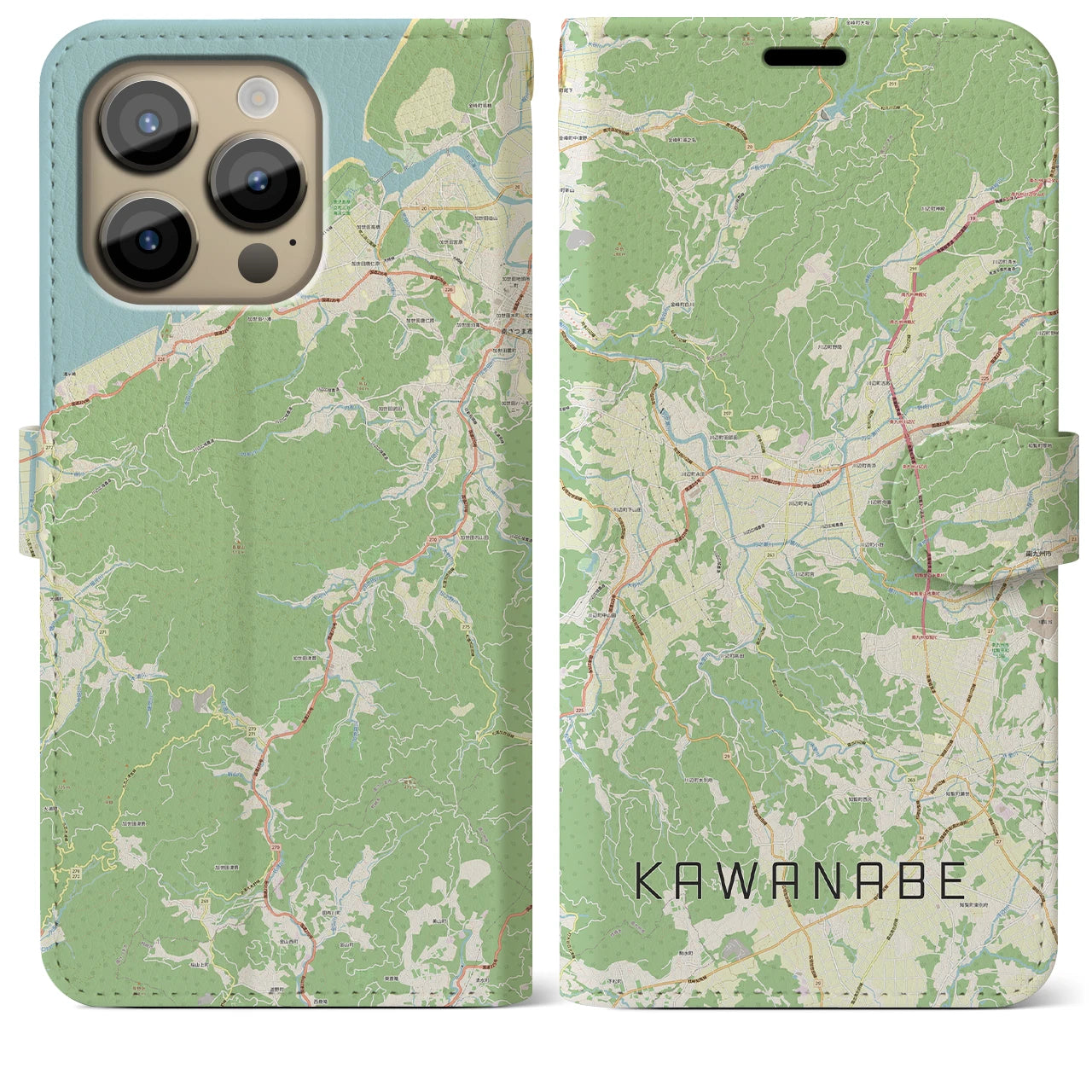 【川辺】地図柄iPhoneケース（手帳両面タイプ・ナチュラル）iPhone 14 Pro Max 用