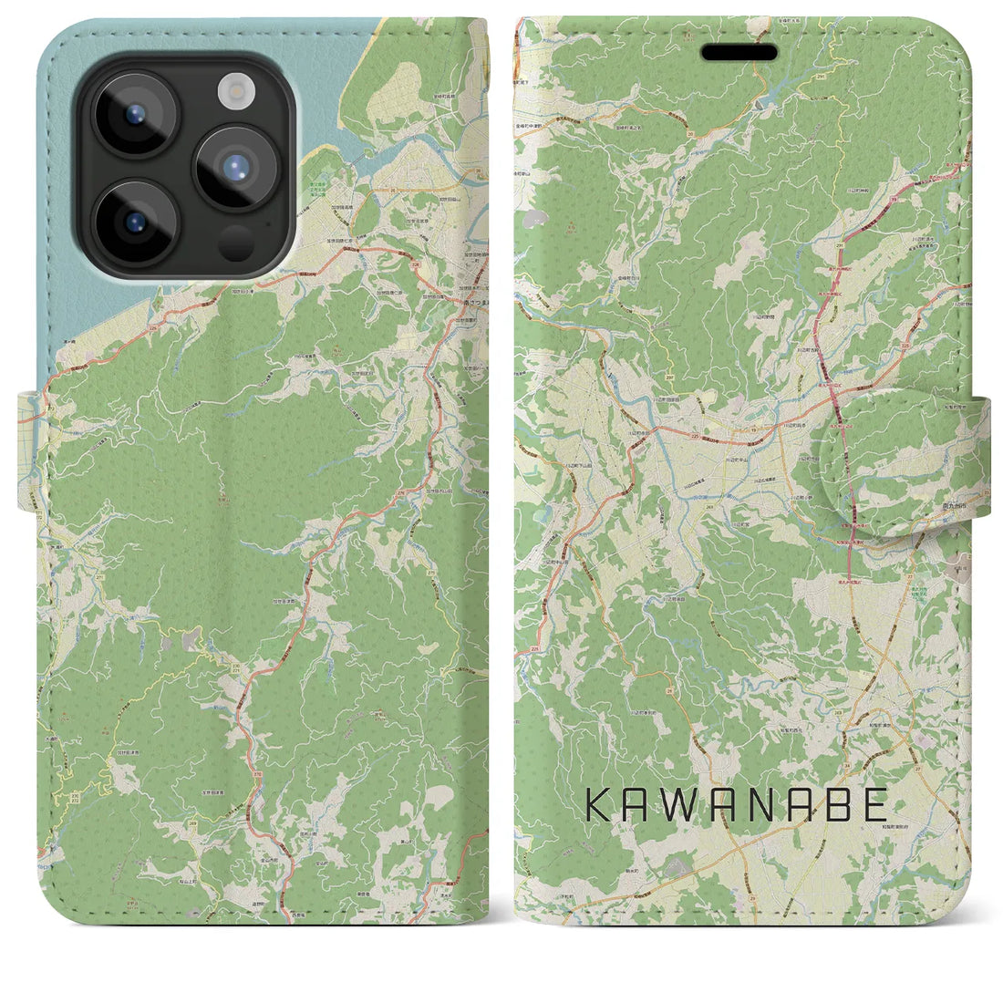 【川辺】地図柄iPhoneケース（手帳両面タイプ・ナチュラル）iPhone 15 Pro Max 用