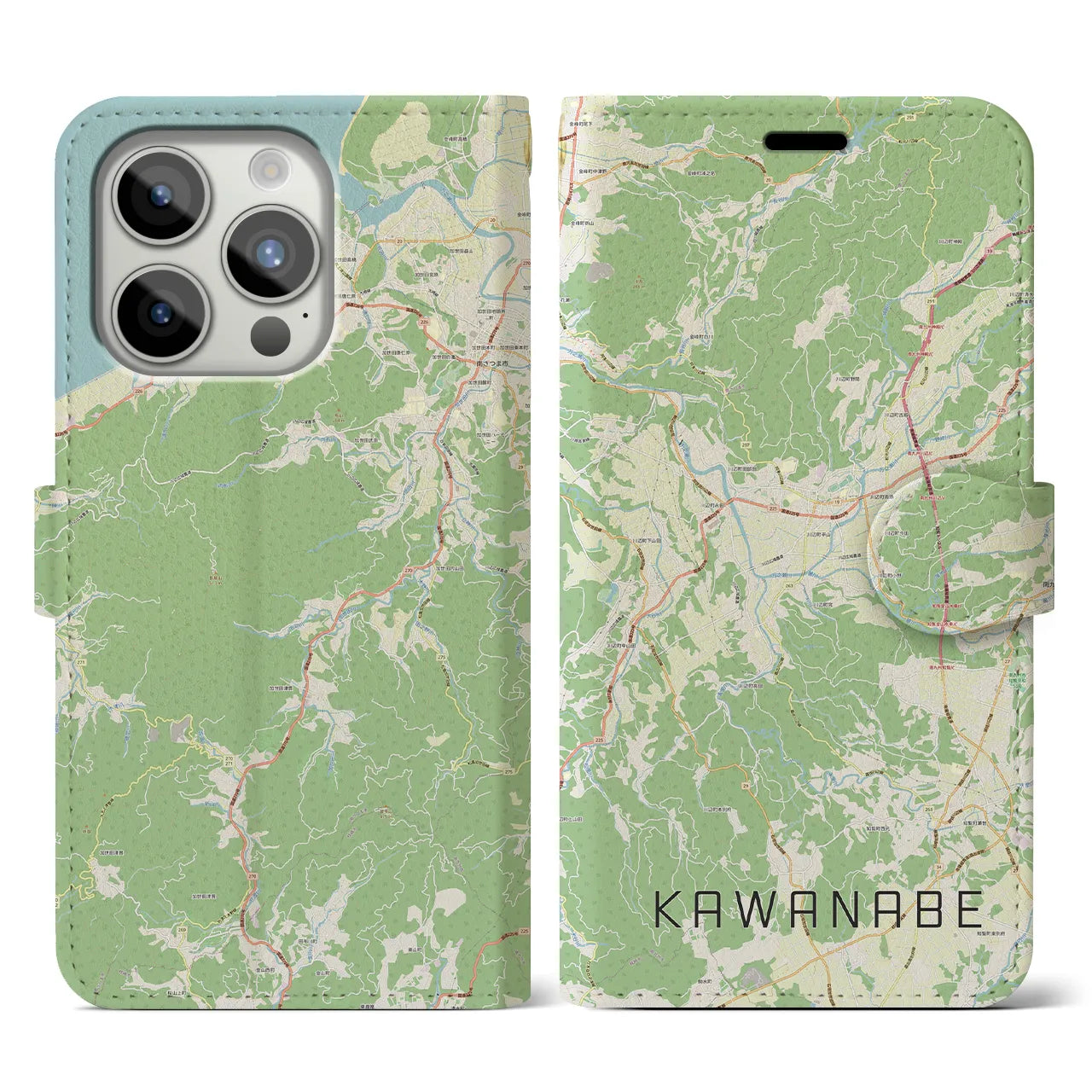 【川辺】地図柄iPhoneケース（手帳両面タイプ・ナチュラル）iPhone 15 Pro 用