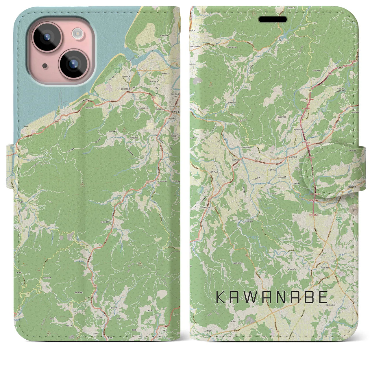 【川辺】地図柄iPhoneケース（手帳両面タイプ・ナチュラル）iPhone 15 Plus 用