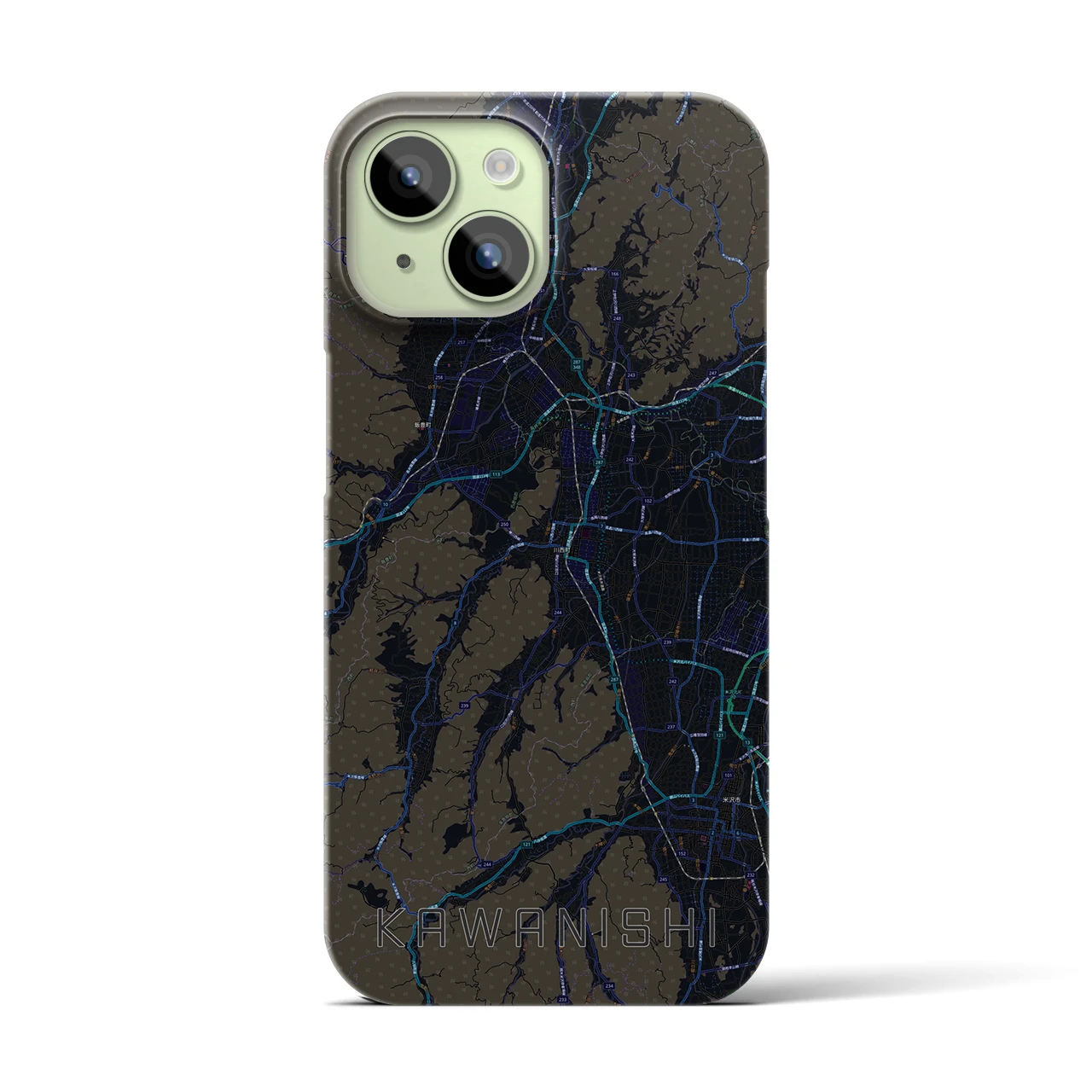 【川西（山形県）】地図柄iPhoneケース（バックカバータイプ・ブラック）iPhone 15 用