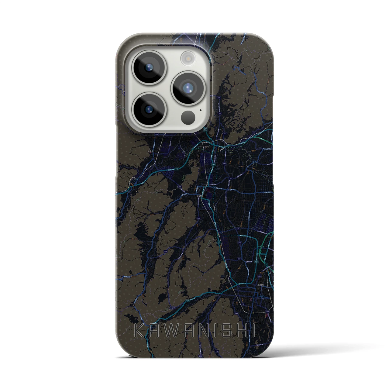 【川西（山形県）】地図柄iPhoneケース（バックカバータイプ・ブラック）iPhone 15 Pro 用