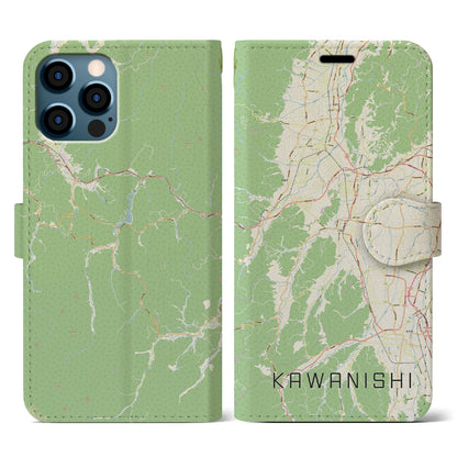 【川西（山形県）】地図柄iPhoneケース（手帳タイプ）ナチュラル・iPhone 12 / 12 Pro 用