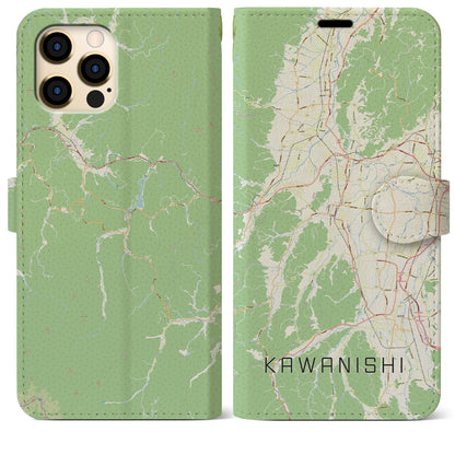 【川西（山形県）】地図柄iPhoneケース（手帳タイプ）ナチュラル・iPhone 12 Pro Max 用