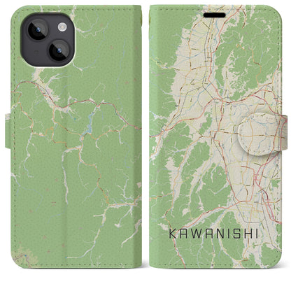 【川西（山形県）】地図柄iPhoneケース（手帳タイプ）ナチュラル・iPhone 14 Plus 用