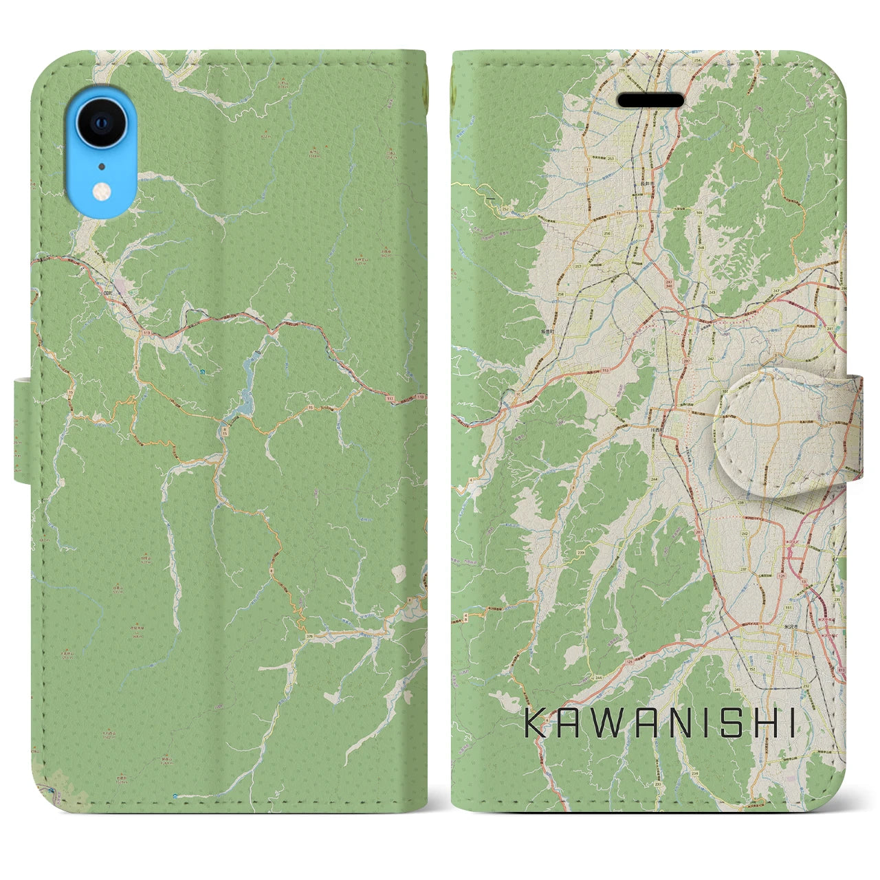 【川西（山形県）】地図柄iPhoneケース（手帳両面タイプ・ナチュラル）iPhone XR 用