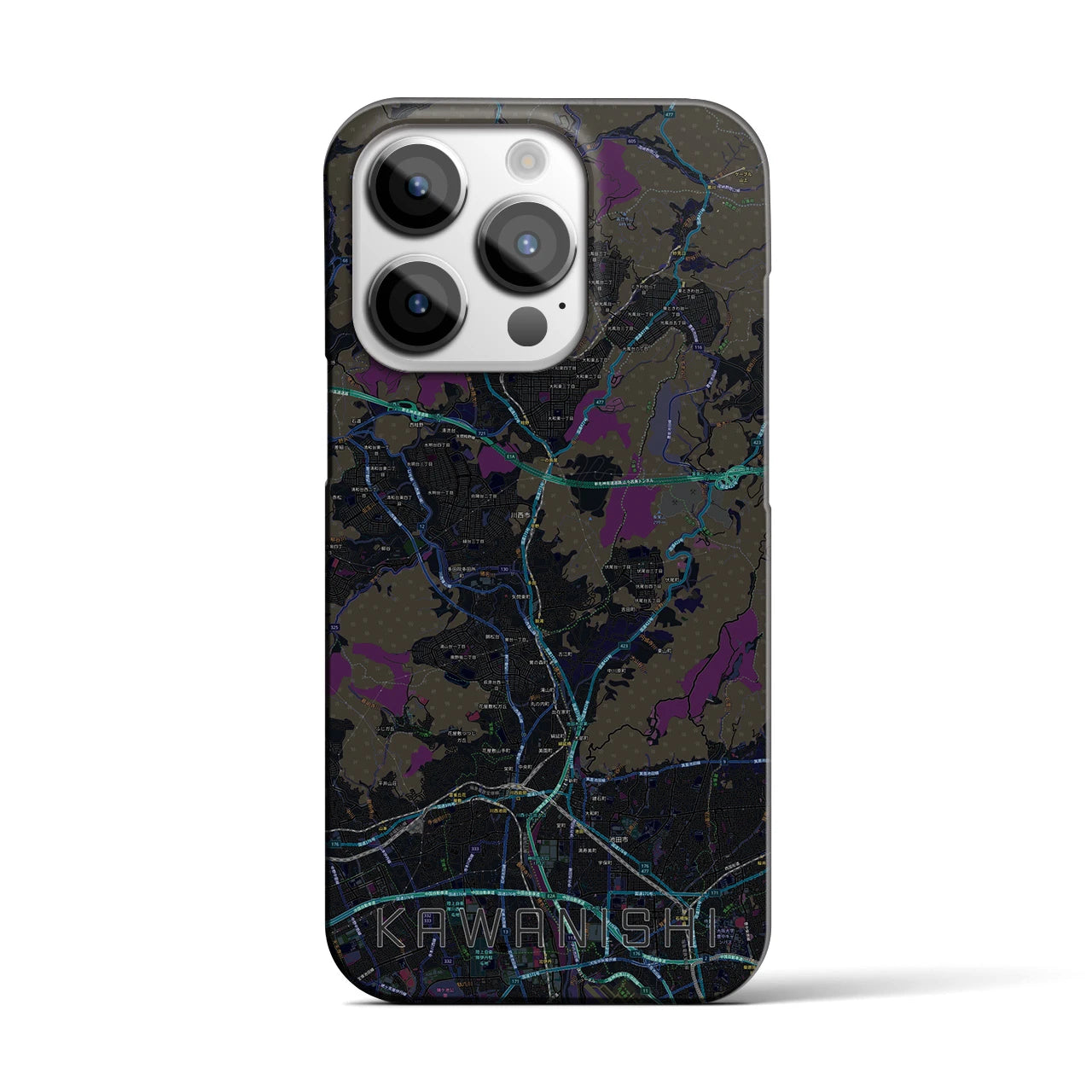 【川西】地図柄iPhoneケース（バックカバータイプ・ブラック）iPhone 14 Pro 用