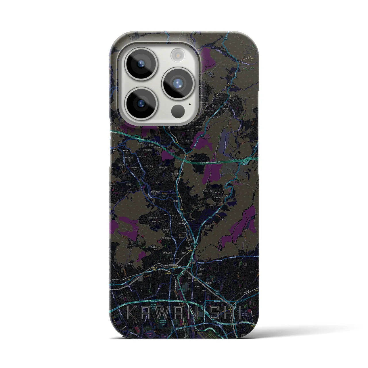 【川西】地図柄iPhoneケース（バックカバータイプ・ブラック）iPhone 15 Pro 用