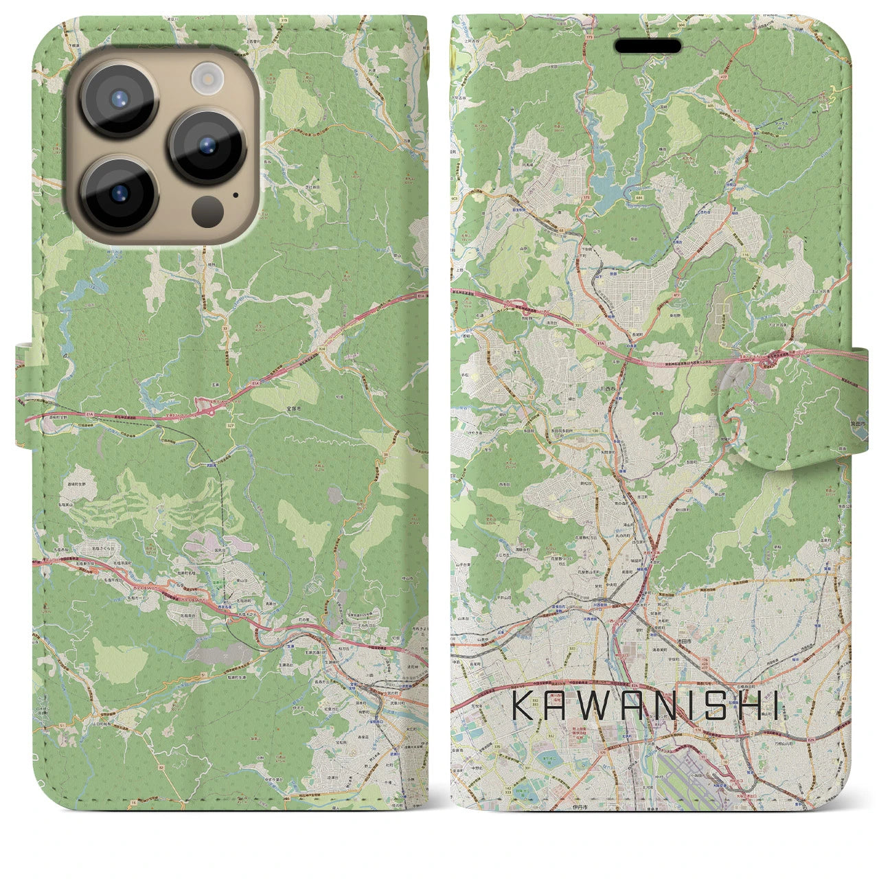 【川西】地図柄iPhoneケース（手帳両面タイプ・ナチュラル）iPhone 14 Pro Max 用