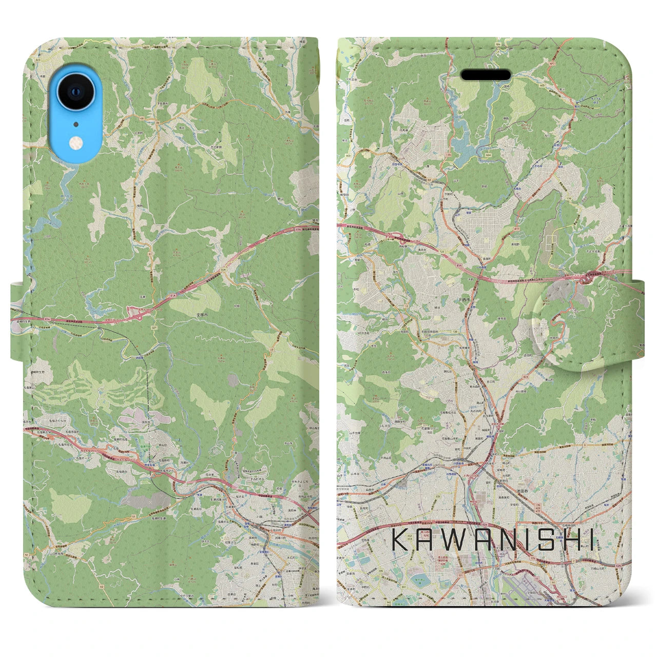 【川西】地図柄iPhoneケース（手帳両面タイプ・ナチュラル）iPhone XR 用