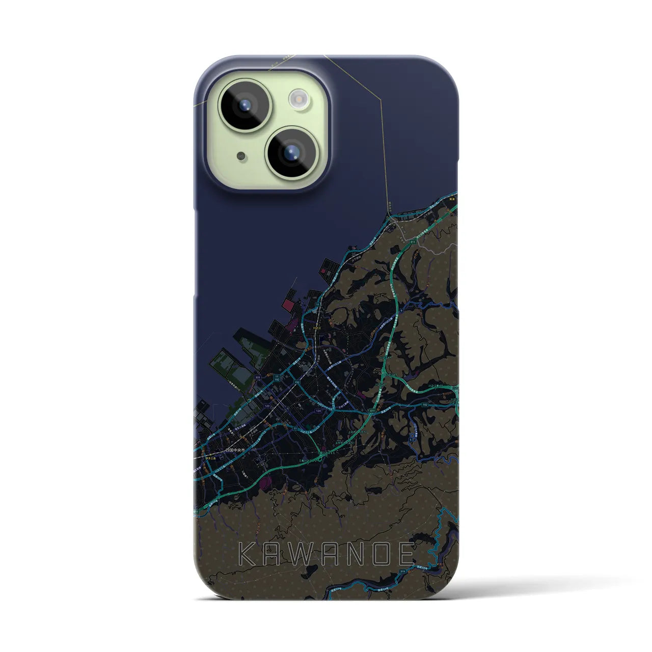 【川之江】地図柄iPhoneケース（バックカバータイプ・ブラック）iPhone 15 用