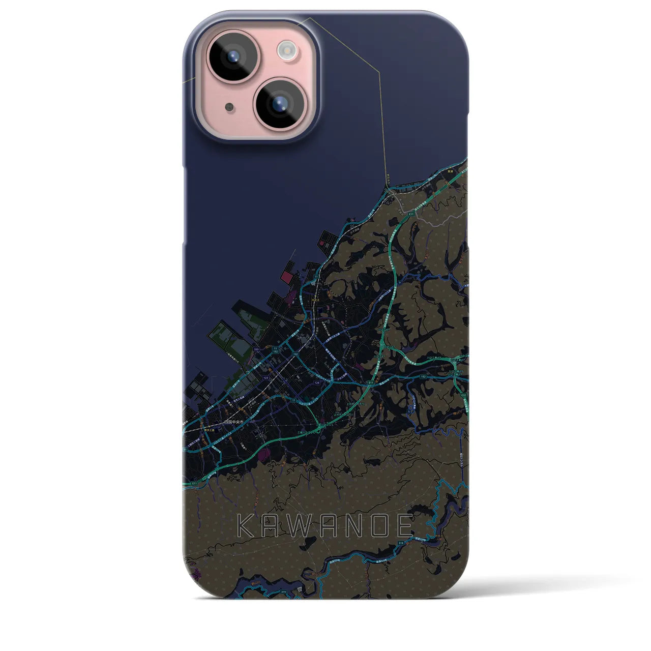 【川之江】地図柄iPhoneケース（バックカバータイプ・ブラック）iPhone 15 Plus 用