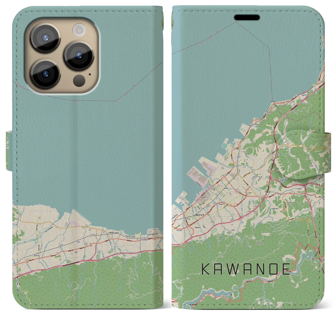 【川之江】地図柄iPhoneケース（手帳両面タイプ・ナチュラル）iPhone 14 Pro Max 用