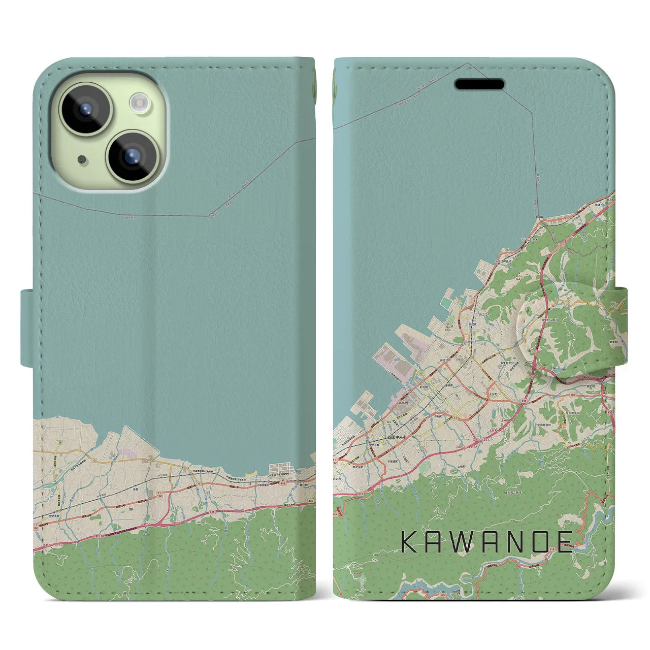 【川之江】地図柄iPhoneケース（手帳両面タイプ・ナチュラル）iPhone 15 用