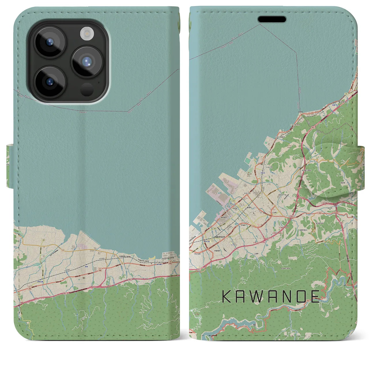 【川之江】地図柄iPhoneケース（手帳両面タイプ・ナチュラル）iPhone 15 Pro Max 用