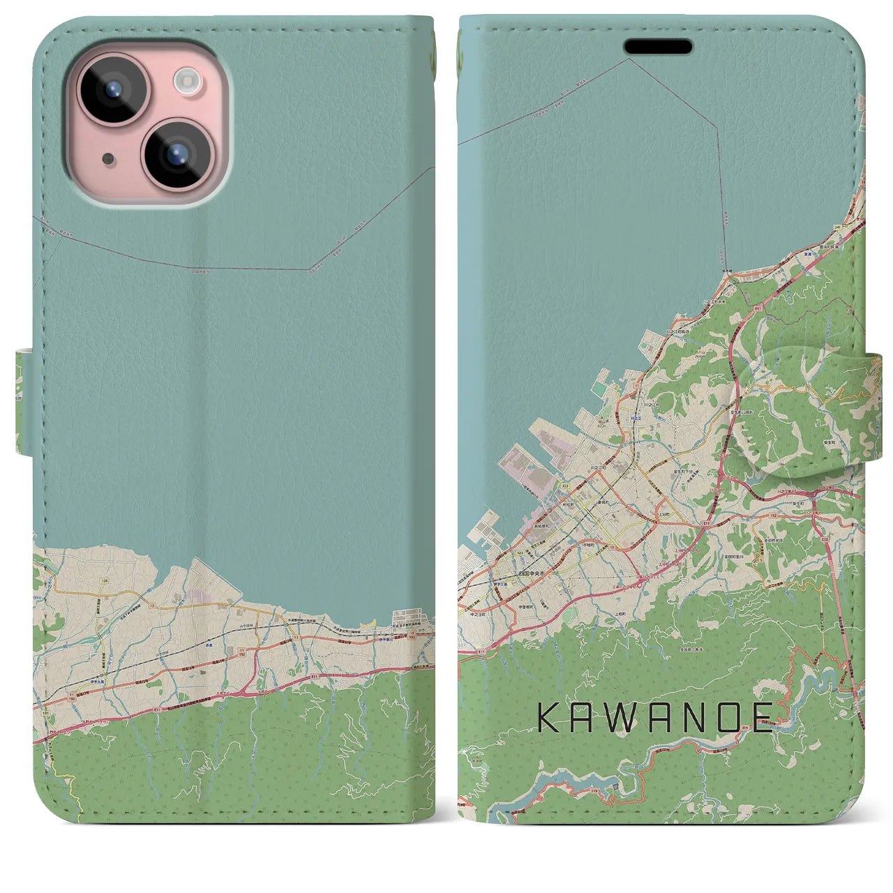 【川之江】地図柄iPhoneケース（手帳両面タイプ・ナチュラル）iPhone 15 Plus 用