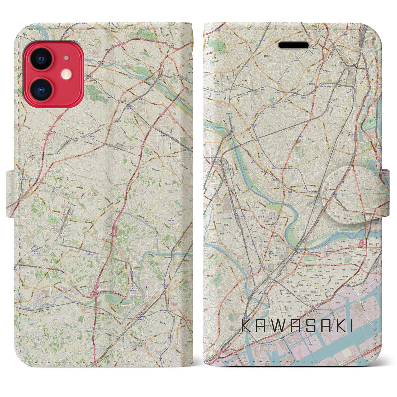 【川崎】地図柄iPhoneケース（手帳両面タイプ・ナチュラル）iPhone 11 用