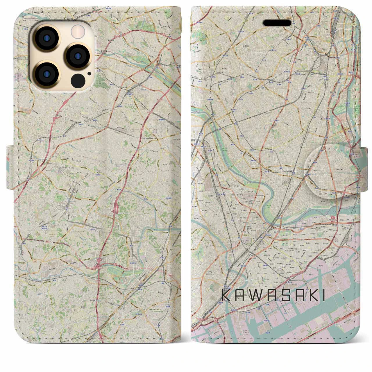 【川崎】地図柄iPhoneケース（手帳両面タイプ・ナチュラル）iPhone 12 Pro Max 用