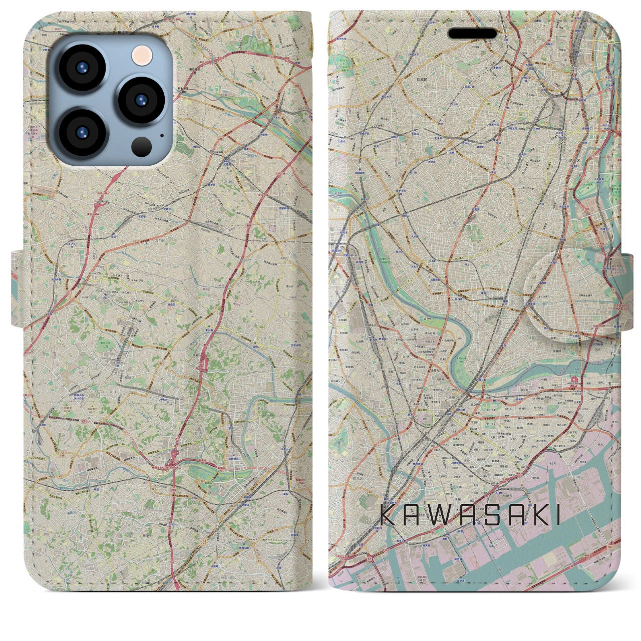 【川崎】地図柄iPhoneケース（手帳両面タイプ・ナチュラル）iPhone 13 Pro Max 用