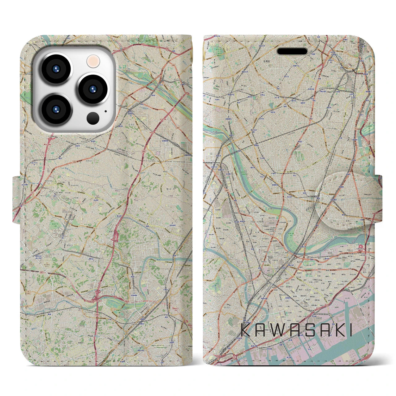 【川崎】地図柄iPhoneケース（手帳両面タイプ・ナチュラル）iPhone 13 Pro 用