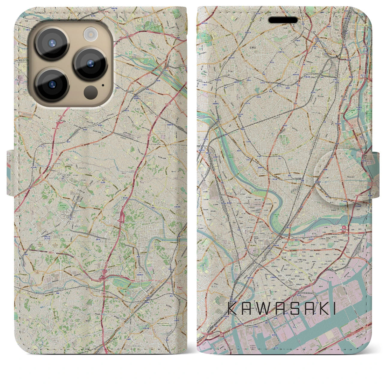 【川崎】地図柄iPhoneケース（手帳両面タイプ・ナチュラル）iPhone 14 Pro Max 用