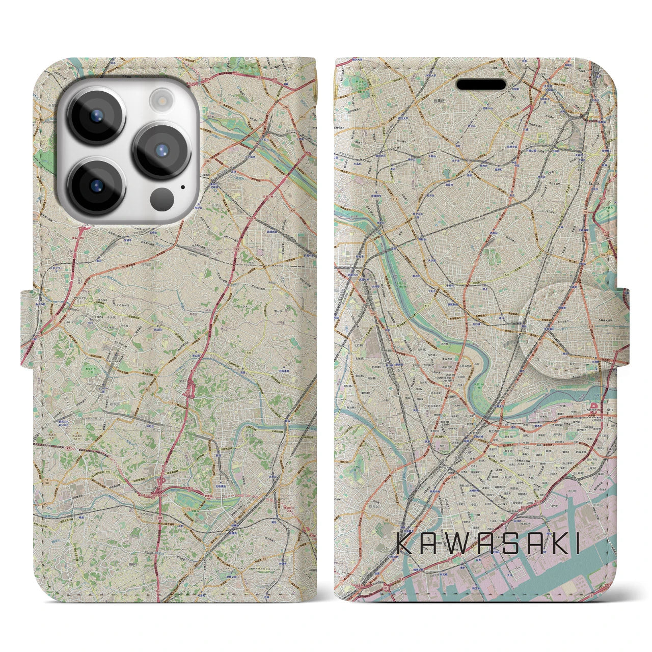 【川崎】地図柄iPhoneケース（手帳両面タイプ・ナチュラル）iPhone 14 Pro 用