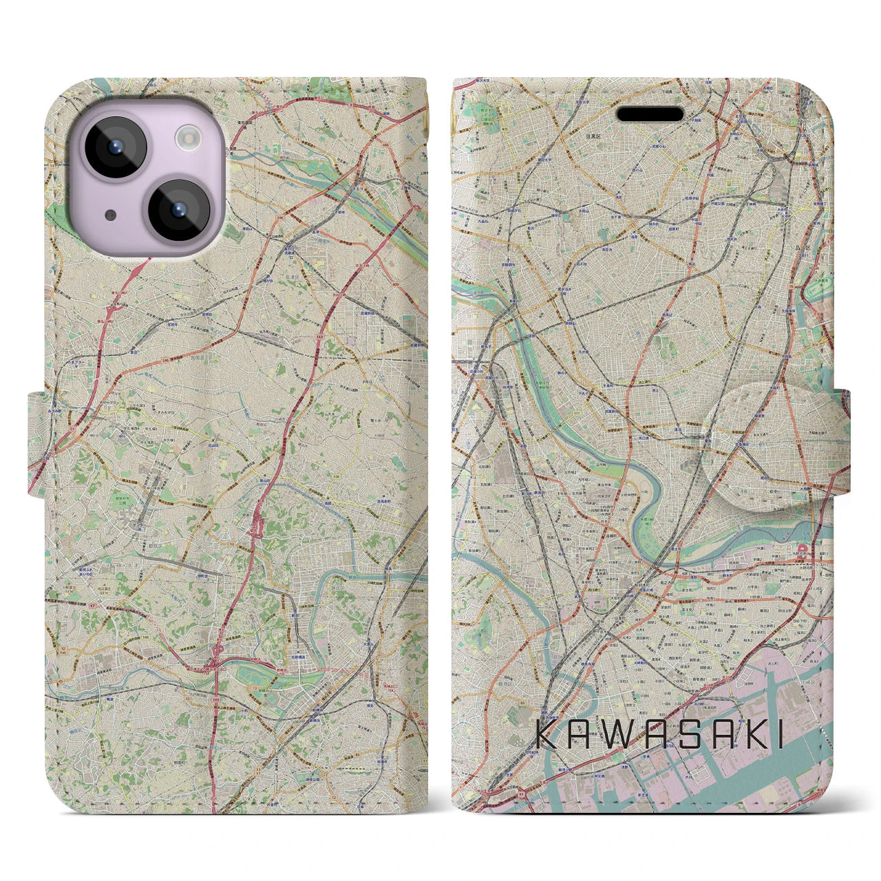 【川崎】地図柄iPhoneケース（手帳両面タイプ・ナチュラル）iPhone 14 用