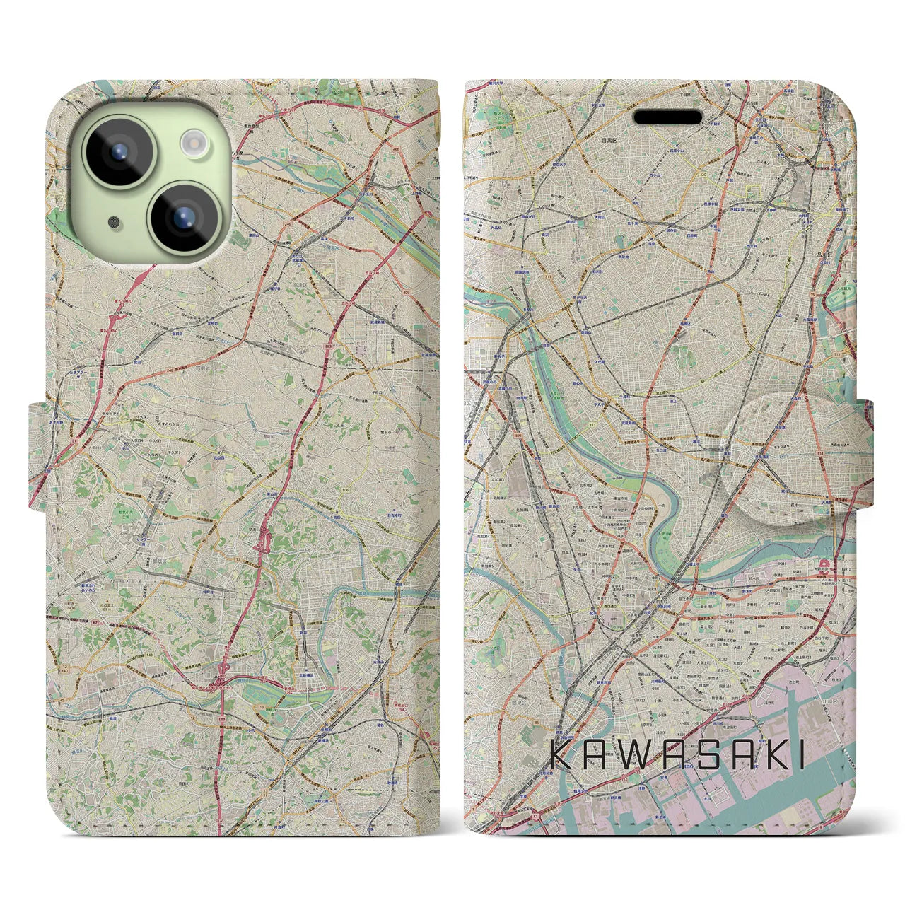 【川崎】地図柄iPhoneケース（手帳両面タイプ・ナチュラル）iPhone 15 用
