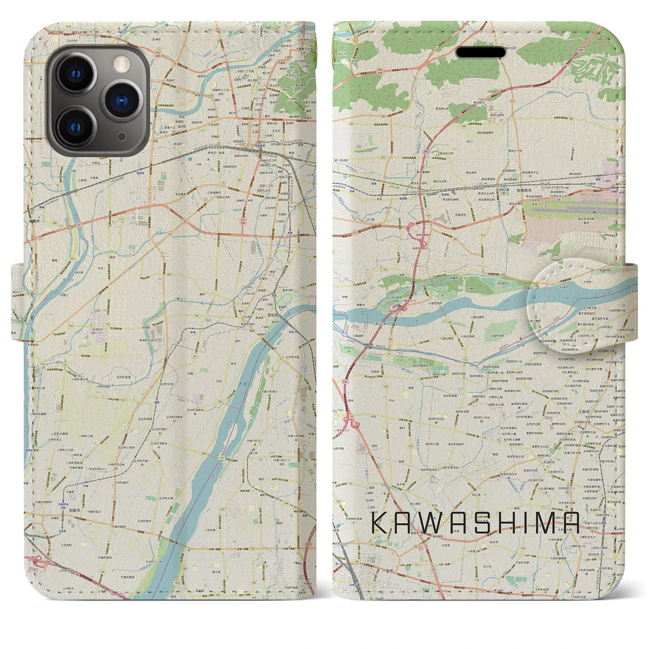 【川島】地図柄iPhoneケース（手帳両面タイプ・ナチュラル）iPhone 11 Pro Max 用