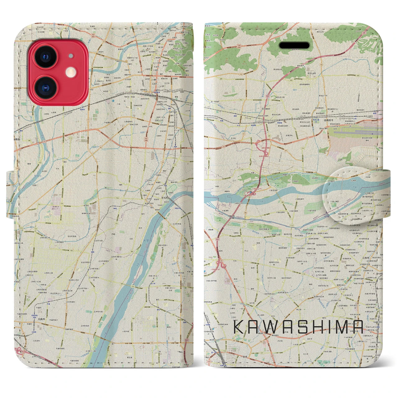 【川島】地図柄iPhoneケース（手帳両面タイプ・ナチュラル）iPhone 11 用