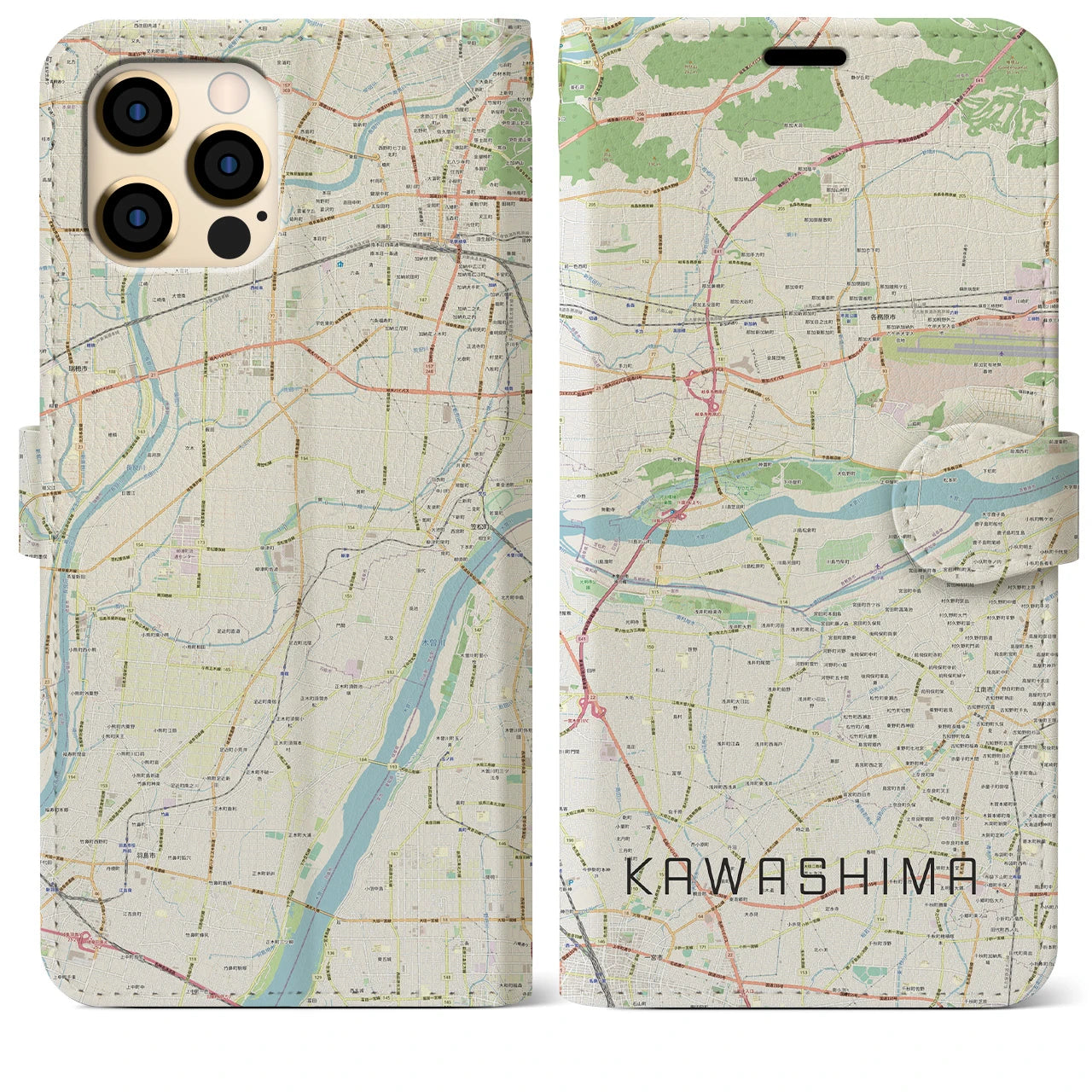 【川島】地図柄iPhoneケース（手帳両面タイプ・ナチュラル）iPhone 12 Pro Max 用