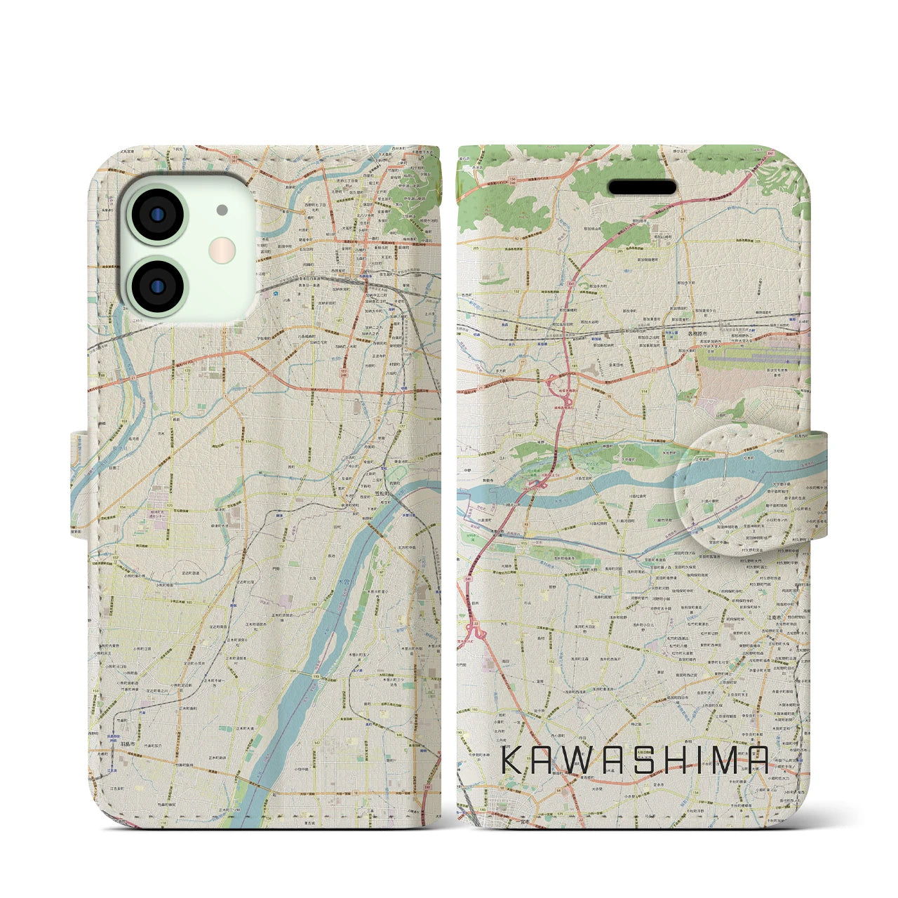 【川島】地図柄iPhoneケース（手帳両面タイプ・ナチュラル）iPhone 12 mini 用