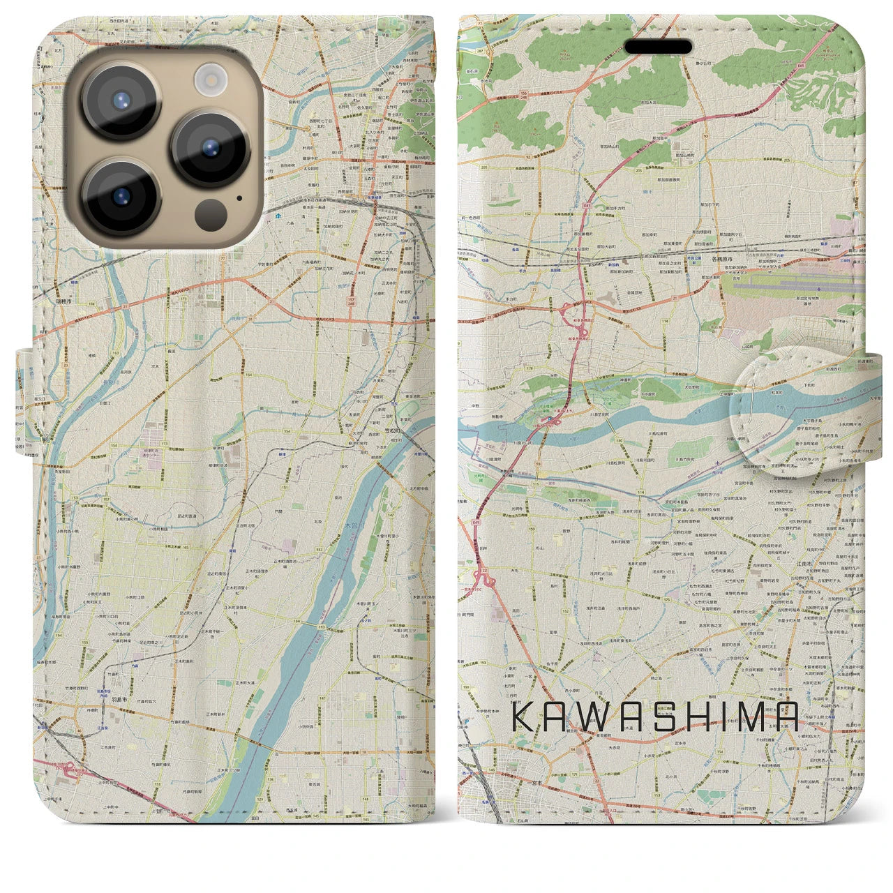 【川島】地図柄iPhoneケース（手帳両面タイプ・ナチュラル）iPhone 14 Pro Max 用