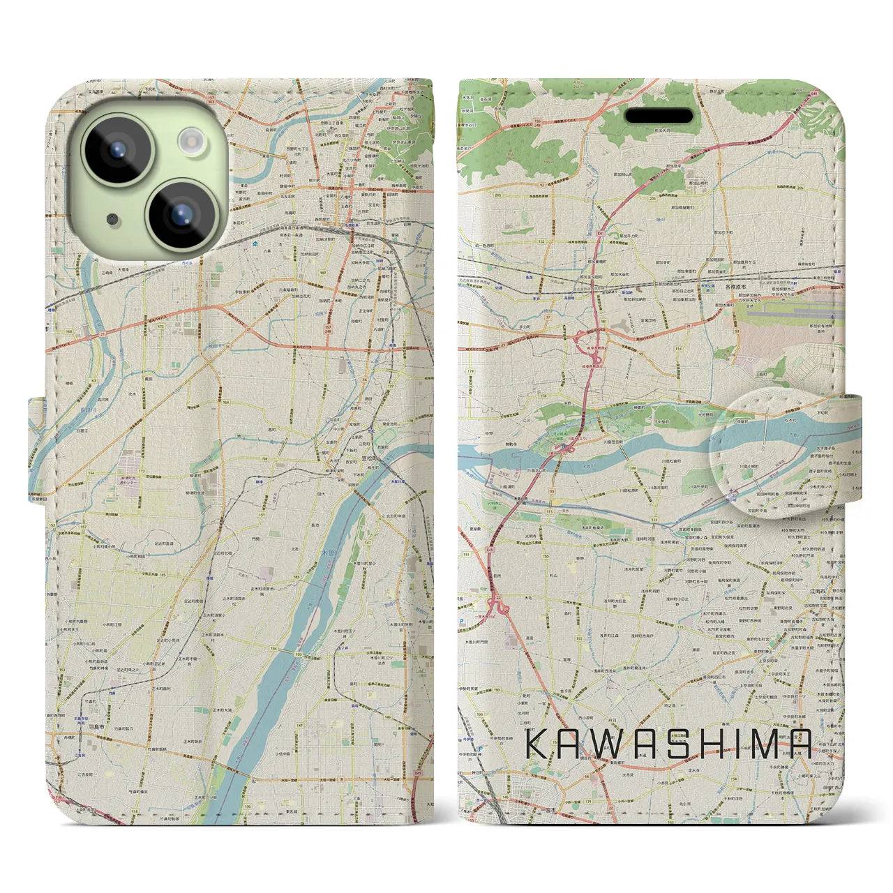 【川島】地図柄iPhoneケース（手帳両面タイプ・ナチュラル）iPhone 15 用