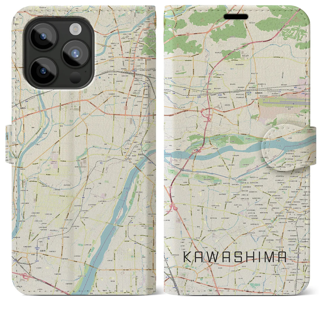 【川島】地図柄iPhoneケース（手帳両面タイプ・ナチュラル）iPhone 15 Pro Max 用